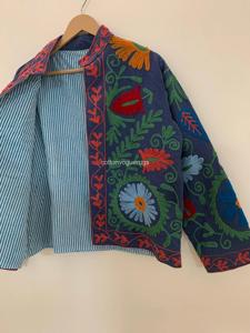 Veste en coton brodée florale bohème, col mandarin, manches trois quarts, vêtements d'extérieur pour femmes, printemps - Product Image 3