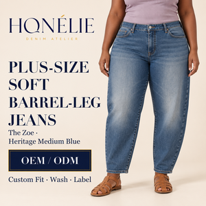 Jean taille plus pour femme, coupe barrel, bleu moyen, coupe hip-slung, ourlets cheville, personnalisable OEM/ODM, étiquettes de lavage sur mesure - Product Image 1