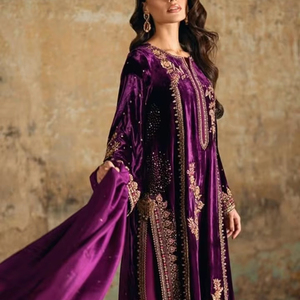 Vestido de Fiesta de Terciopelo Pakistaní, Hermoso Vestido Morado con Dupatta a Juego, Colecciones Listas para Usar - Product Image 1