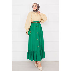 Emerald Green Chiffon Hijab <b>Skirt</b> with <b>Elastic</b> Waist and Button Detail Plain Dyed Adjustable Feature - Product Image 3