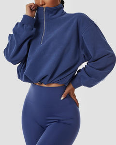 Femmes surdimensionné demi-fermeture éclair pull à capuche poches quart fermeture éclair sweat goutte-épaule conception dos 100% coton court hiver - Product Image 5