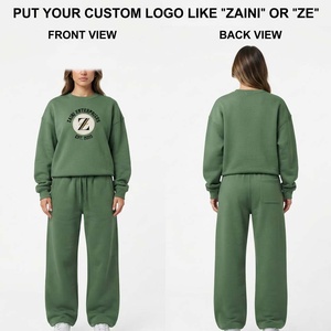Ensemble de survêtement pour femme en molleton de coton 320 GSM, doux et chaud, vert, col rond, pantalon de jogging, impression personnalisée du logo, vêtements décontractés confortables - Product Image 1