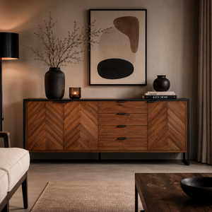 Buffet en bois de manguier massif fait main de style industriel Akku Art, avec tiroirs à fermeture douce et cadre en métal noir, meuble de rangement - Product Image 1