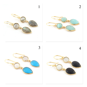 Incroyable boucles d'oreilles rondes en forme de poire, Labradorite naturelle, Double pierre, goutte d'eau, ensemble de lunette plaquée or, pendants d'oreilles - Product Image 2