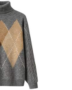 Suéter de Punto Premium para Hombre, Cuello Alto, Diseño Argyle, Suave y Cálido, Manga Trenzada, Jersey de Invierno, Estilo Casual, Color Gris, Marrón, Beige - Product Image 4