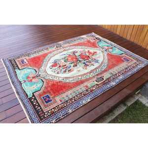 Turkish Rug, Area 4.5x6 ft Vintage Rug, <b>Red</b> Blue Polka dot <b>Wool</b> Rug - Product Image 2