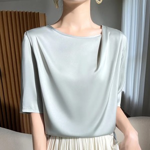 T-shirt décontracté uni à manches courtes et col en V pour femme, en coton 100 % respirant, tissu dobby, 220 g, tricoté, coupe régulière, printemps-été - Product Image 5