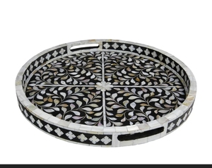 Plato para Servir Hecho a Mano con Incrustaciones de Hueso y Diseño Floral Étnico en Resina |   Decoración de Cocina Antigua - Product Image 4