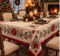 Nappe de Noël promotionnelle brodée imperméable classique 100% coton, motif guirlande de sapins et cheval de carrousel, bordure rouge, luxe