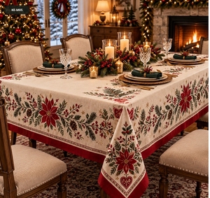 Nappe de Noël brodée imperméable classique 100% coton, motif guirlande de sapins et cheval de carrousel, bordure rouge, luxe pour les fêtes - Product Image 4