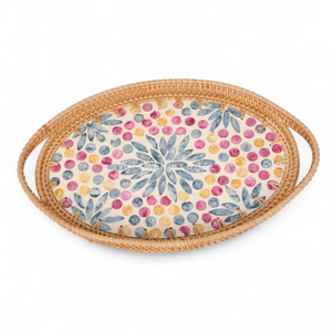 Plateau de service en rotin naturel fait à la main avec nacre pour restaurant, service à domicile, restauration et traiteur - Product Image 2