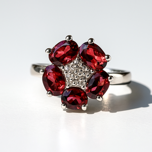 Women's Trendy Flower Shape <b>Garnet</b> Gemstone Engagement Wedding <b>Ring</b> 925 <b>Silver</b> Rhodium Plated Rhaya Jewels Anniversary Party - Product Image 3