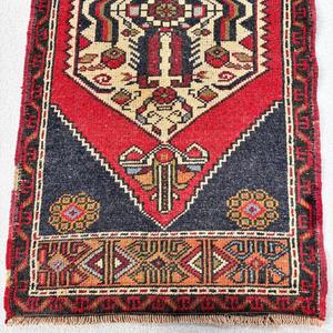 Vintage Rug, 2x4.2 ft Turkish Rug, <b>Red</b> Black Floral <b>Wool</b> Rug - Product Image 4