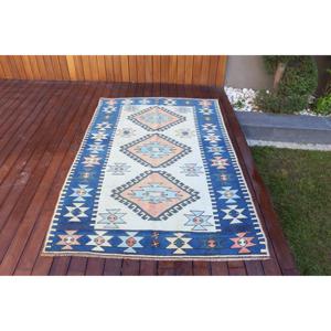 Alfombra Turca Vintage, Alfombra de Lana Persa Azul y Blanca de 4.2x6.3 pies - Product Image 1