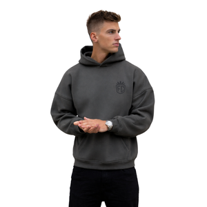 <b>Mens</b> Washed Grey Oversized <b>Hoodie</b> Pullover 100% Cotton Fleece Embroidered Drop Shoulder Streetwear Regular Fit Winter - Product Image 5