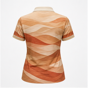 เสื้อโปโลแขนสั้นผู้หญิงสีเบจ-น้ำตาลลายคลื่นซ้อนกัน พิมพ์โลโก้ตามสั่ง แห้งเร็ว เหมาะสำหรับกีฬากอล์ฟ - Product Image 2