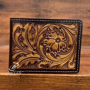 Hot Sale Vintage Classic Real Genuine <b>Leather</b> Floral Hand <b>Tooled</b> Western Men's Wallet With Hand Carved Latest Luxury Design - Product Image 1