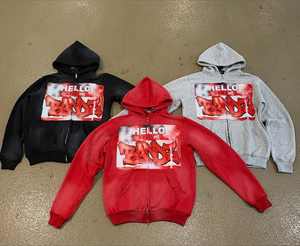 OEM Personnalisé Sunfaded Zipper French Terry Streetwear Fonctionnel Lavage à l'acide Hommes Zip Up Heavyweight Rhinestone Hoodie - Product Image 1