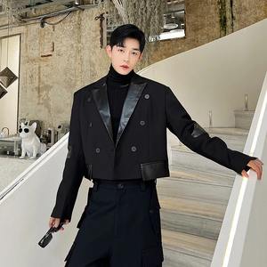 Abrigo elegante de Moda de Primavera para hombre, chaqueta de contraste de Color empalmado de lona de PU de piel de oveja corta Original - Product Image 5