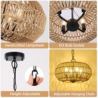 Lustre suspendu en rotin tressé à la main à 4 lumières avec abat-jour en forme de panier ovale pour la décoration de restaurant, d'hôtel, de salle de mariage ou de salle à manger