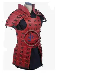 Armadura de samurái de cuero Medieval, armadura de cuerpo Medieval rojo-negro, disfraz de Halloween, artículo de regalo vestible con hombro marrón