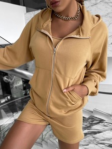 High Quality Women's 2 Piece Custom Logo Hoodie <b>Short</b> Sets Women's Sets <b>Zip</b> Up Hooded and Sweat <b>Shorts</b> - Product Image 6