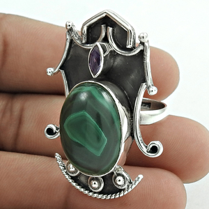 Malachite naturelle Améthyste Gemme Artisan Look Style Ethnique Bague Unique Argent Sterling Oxydé 925 Bijoux Indiens Faits à la Main - Product Image 1