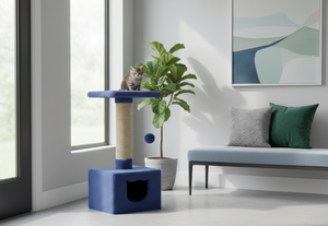 Blue <b>Cat</b> Tree With Sisal <b>Scratching</b> <b>Post</b> And Hidden Cave For Indoor <b>Cats</b> Minimalist Design Solid Color One Level - Product Image 3