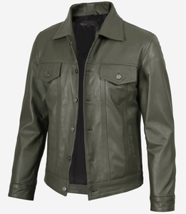 Chaqueta de Cuero para Hombre, Cuatro Bolsillos, Color Verde Oliva, Estilo Camionero, 2025 - Product Image 2