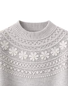 Pull en maille jacquard gris clair personnalisé, texture florale, col rond, manches longues, pull d'hiver pour femmes, vente en gros personnalisée - Product Image 4