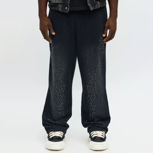 2025 Unisex Casual Flare <b>Sweatpants</b> Rhinestone 100% Cotton Acid Wash <b>Oversized</b> Custom Eco-Friendly Heavyweight Baggy Style - Product Image 1