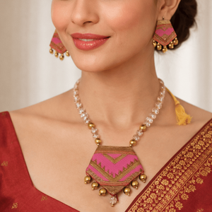 Handmade Fine Jewelry <b>Set</b> Luxury Assamese Gamusa Pink Muga Silk Necklace with <b>Crystal</b> Beads and Earrings for Weddings - Product Image 5