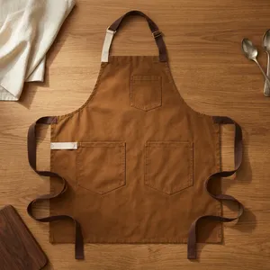 Classic Bib <b>Apron</b> Canvas Brown 3 Pockets Machine Washable Reusable Heavy Duty Cooking Daily Use - Product Image 1