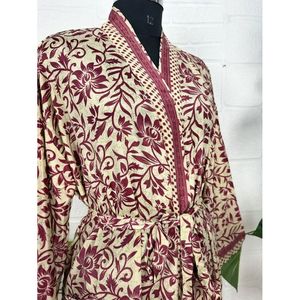 Bohemian New Silk Sari Kimono Beige Red Floral Luxury Anniversary Birthday Gift Soft <b>Robe</b> for Women for Summer House <b>Beach</b> - Product Image 4