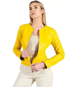 Veste en cuir véritable jaune pour femme, sans col, col rond, fermeture éclair sur le devant, en peau de mouton, style motard, personnalisée, élégante, coupe ajustée, vêtement d'extérieur - Product Image 5