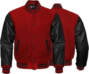 แจ็กเก็ตมีแขนหนังสีดำเสื้อกีฬาเบสบอลบอมเบอร์แจ็คเก็ตปักอักษรอักษร - Product Image 1