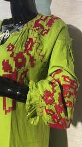 Robe élégante pour femme, style africain, en lin 100%, longueur genou, avec broderie musulmane, dentelle à pois, manches en maille à demi-volants - Product Image 4