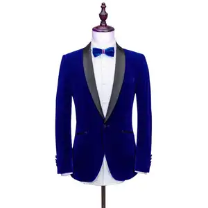 Blazers de smoking en velours coupe ajustée pour hommes bleu royal Blazers de smoking Veste élégante de dîner à un bouton à revers pointu au prix de gros