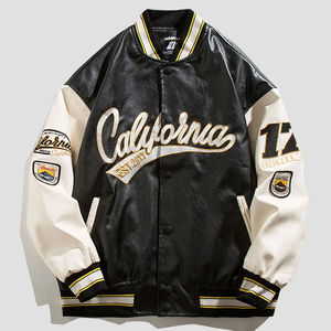 Personalización Hip Hop empalmado motocicleta Varsity béisbol chaqueta de cuero para hombres calle carta flocado bordado ganchillo - Product Image 6