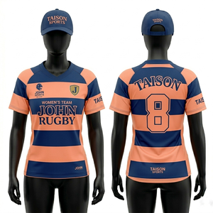 Camiseta de Rugby para Mujer, 180 GSM, Tejido de Poliéster Transpirable, Diseño de Paneles con Rayas en Azul Marino, Verde y Beige, Sublimación, Logotipo Personalizado - Product Image 2