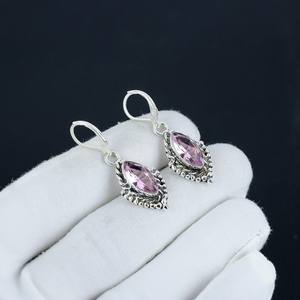 Pendientes Colgantes Sólidos de Plata de Ley 925 con Kunzita Rosa Natural, Corte Marquesa Facetado, Hechos a Mano, Clásicos y Finos - Product Image 2