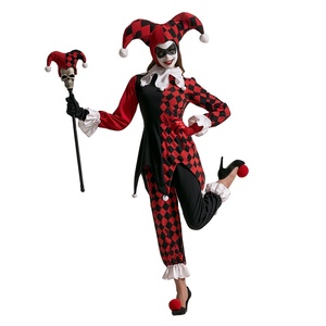 Disfraz de Arlequín Rojo y Negro para Mujer, con Patrón de Diamantes, Disfraz de Payaso Malvado para Halloween, con Bastón de Calavera - Product Image 1