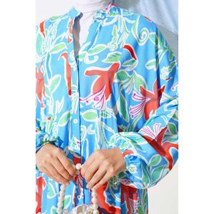 Vestido casual azul con diseño de patrón mixto de botón frontal de media tapeta - Product Image 4