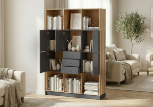 Modern Oak <b>Dark</b> Grey <b>Wooden</b> Home Furniture Apartment <b>Bookshelf</b> Cabinet Doors Drawers Large Storage Display Shelf Living Room - Product Image 2