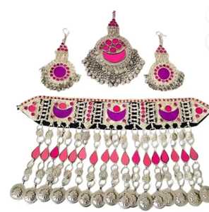 Conjunto de joyería étnica pashtún afgana Diseño raro con piedras de vidrio y cadenas colgantes de acero inoxidable para fiesta Islam religioso - Product Image 4