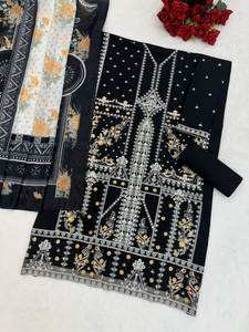 Traje Salwar de Diseñador Negro con Bordado de Seda Pesada y Corte Recto, con Dupatta, para Novia, Fiesta de Invierno - Product Image 6