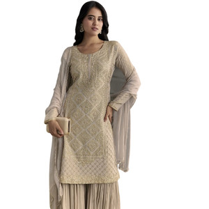 Venta al por mayor gris claro Cutdana Zardosi bordado Kurta festoneado borde Dupatta fiesta festiva desgaste boda recepción pedido personalizado - Product Image 2