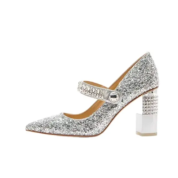 pointed toe vintage mary jane shoes rhinestone high heel wedding shoes chunky heel single shoes women