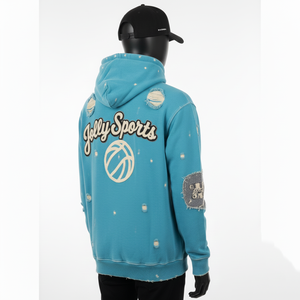Sudadera con Capucha Premium de Tela de Felpa de 330 g/m², Diseño Desgastado, Color Verde Azulado, Logotipo Bordado en Chenilla Personalizado, Suave y Cálida, Estilo Urbano Básico - Product Image 2
