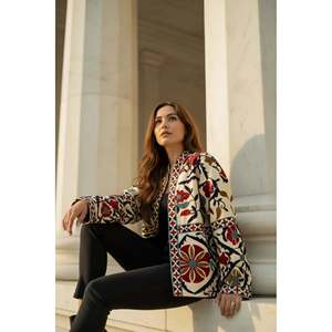 Autumn Winter Boho Gypsy Artisan <b>Hand</b> Crafted Luxury Outerwear Cotton Suzani Embroidered Short Jacket Olive Green Perfect Gift - Product Image 4